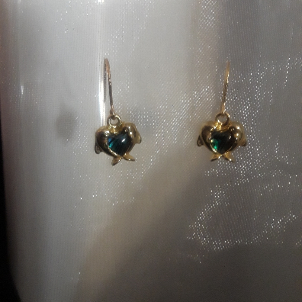 Crystal green hearts in brass and 14 carat gold